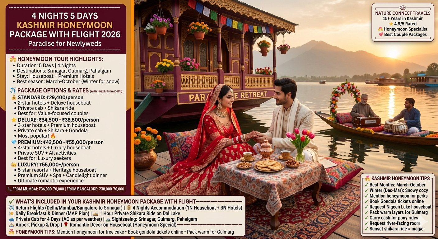 4 nights 5 days kashmir honeymoon package with flight - romantic couple on houseboat at Dal Lake sunset, bride in red Kashmiri suit groom in cream sherwani, copper samovar kahwa, tulips, musicians on shikara playing harmonium tabla, Zabarwan mountains, standard package from Delhi ₹29,400 per person, deluxe ₹34,500, premium ₹42,500, luxury ₹55,000