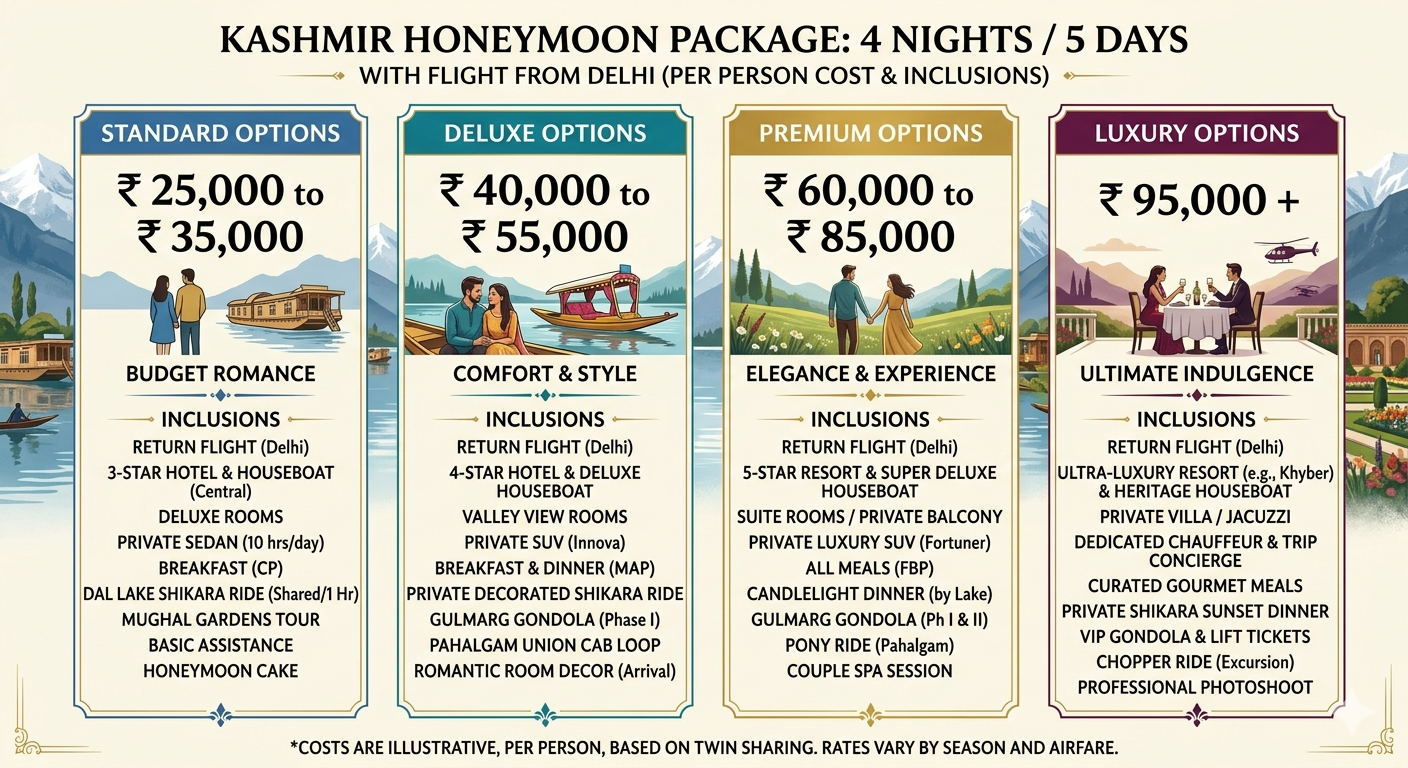 4 nights 5 days kashmir honeymoon package with flight