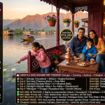 5 nights 6 days Kashmir trip itinerary with cost 2026 - family of four on houseboat at Dal Lake sunset, father mother daughter son, copper samovar, kahwa, red roses, budget package ₹12,350 per person, standard package ₹14,500-18,999, deluxe package ₹25,000-29,999, ultra luxury package ₹42,045-67,999, 6-day itinerary Srinagar Sonmarg Gulmarg Pahalgam, includes houseboat, shikara, meals, private cab