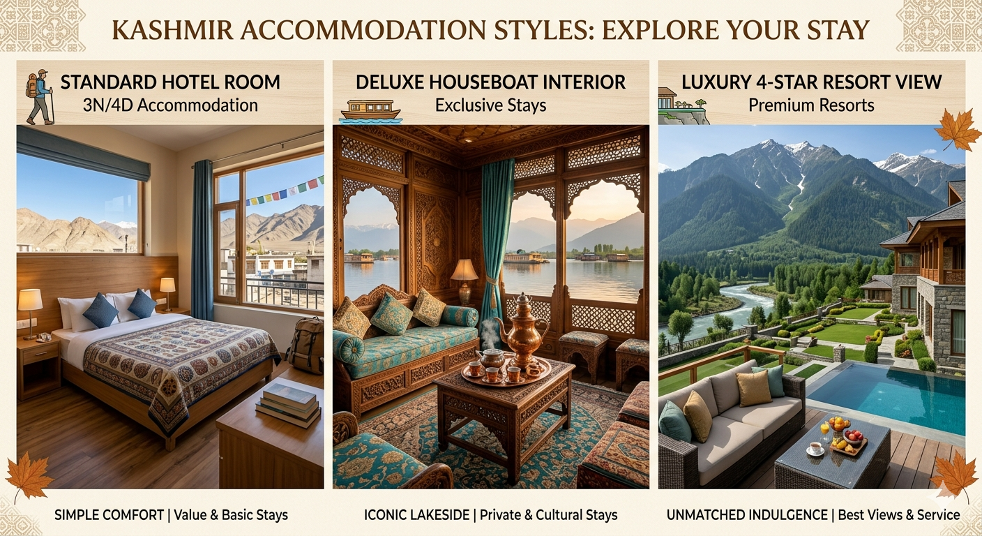 5 nights 6 days Kashmir trip itinerary with cost - accommodation options from budget to luxury