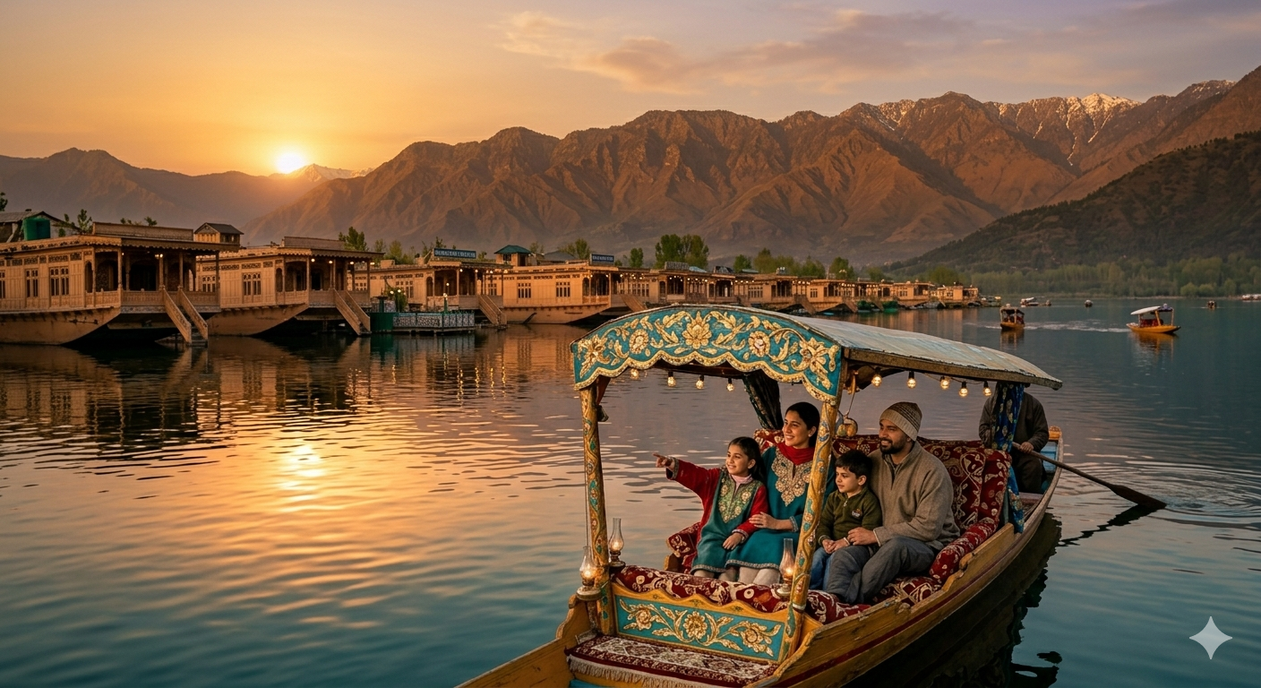 5 nights 6 days Kashmir trip itinerary with cost - family on shikara at Dal Lake sunset