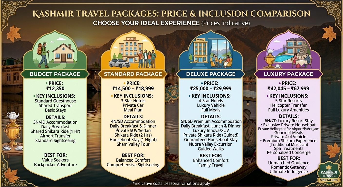 5 nights 6 days Kashmir trip itinerary with cost price comparison chart with 4 budget tiers