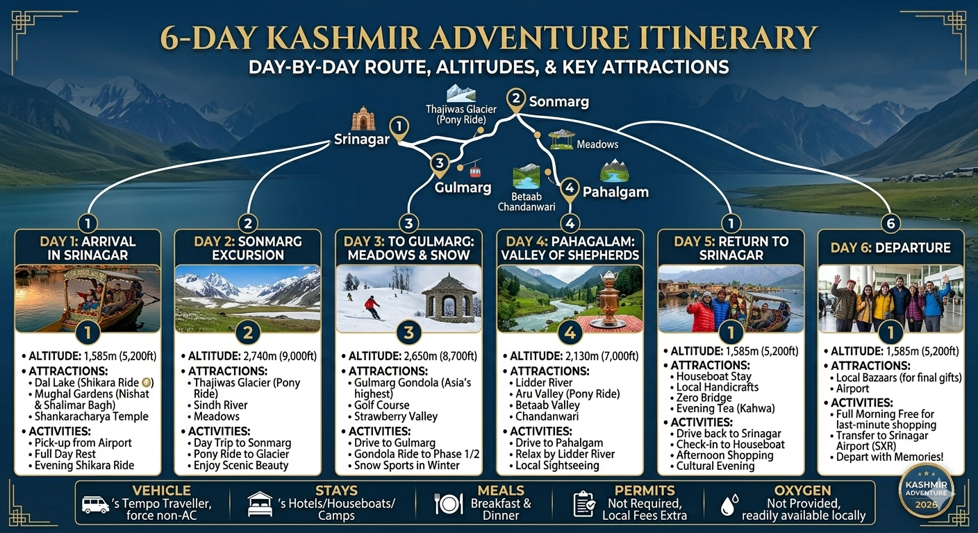 5 nights 6 days Kashmir trip itinerary with cost - route map from Srinagar to Sonmarg Gulmarg Pahalgam