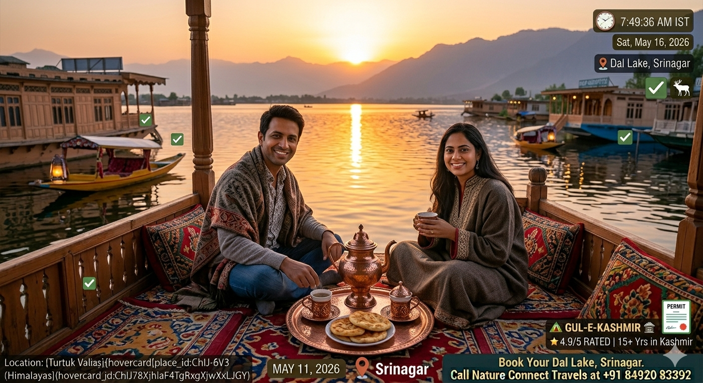6 days 5 nights Kashmir package from Delhi - couple having kahwa on houseboat deck overlooking Dal Lake at sunset