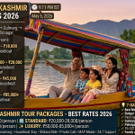 6 night 7 days Kashmir tour packages 2026 - happy family on shikara at Dal Lake golden hour, budget ₹13,000-18,000, standard ₹20,000-28,000, deluxe ₹30,000-45,000, luxury ₹50,000-85,000+ per person, 7-day circuit Srinagar → Gulmarg → Pahalgam → Sonamarg