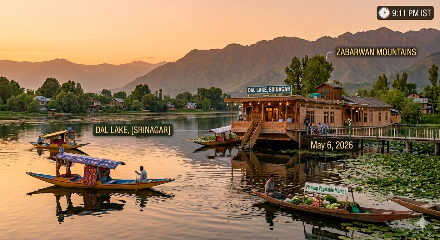 6 night 7 days Kashmir tour packages 2026 - houseboat on Dal Lake at sunset