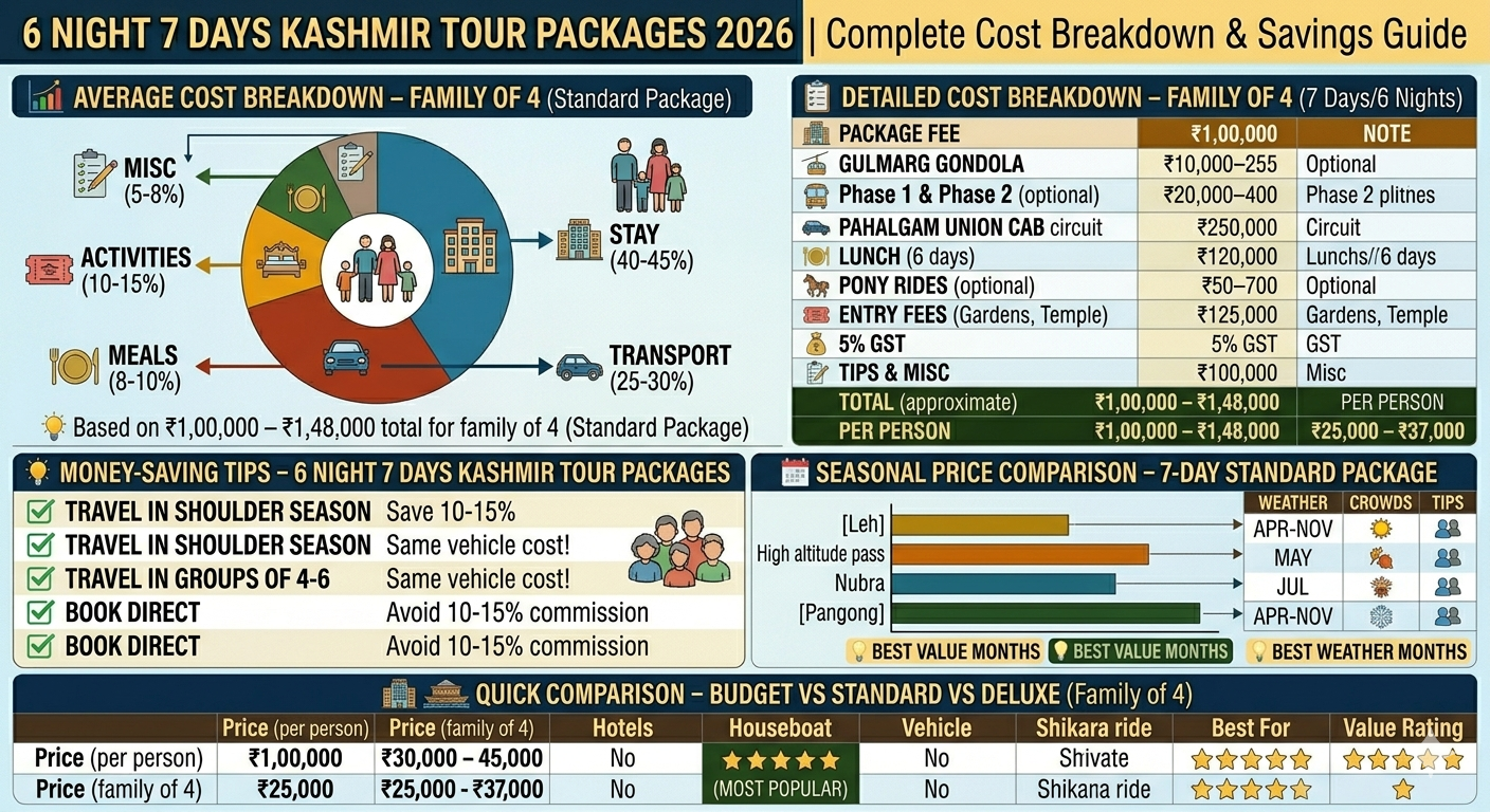 6 night 7 days kashmir tour packages 2026 cost breakdown - family of 4 total ₹1,00,000-1,48,000, pie chart stay 40-45% transport 25-30% activities 10-15% meals 8-10%, per person ₹25,000-37,000, monthly price comparison April-November, budget vs standard vs deluxe vs luxury comparison, money-saving tips, add-on costs GST union cab gondola

