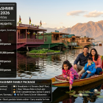 6 nights 7 days kashmir family package 2026 - family of four enjoying shikara ride on Dal Lake with water lilies, houseboats, Zabarwan mountains, golden sunset, father mother daughter son smiling, shikara wallah with pole, budget package ₹16,500, standard ₹21,000, deluxe ₹28,000, luxury ₹40,000 per person
