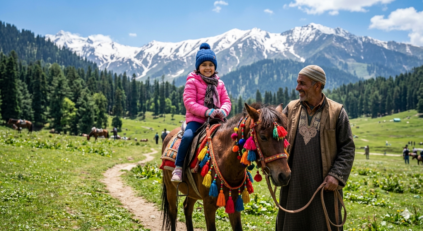6 nights 7 days kashmir family package - child enjoying pony ride in Gulmarg meadow with guide and snow-capped peaks