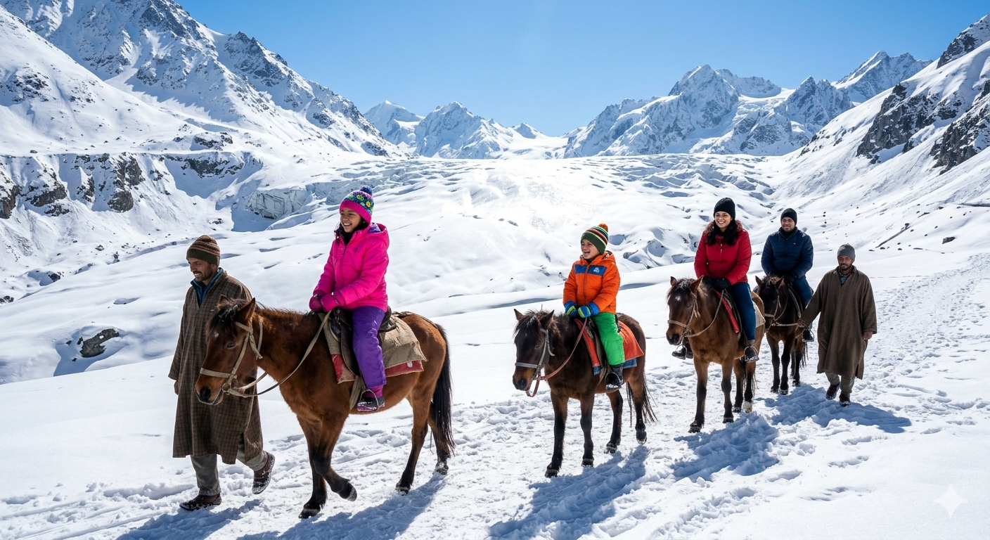  6 nights 7 days kashmir family package - family enjoying pony ride on snow at Thajiwas Glacier Sonmarg