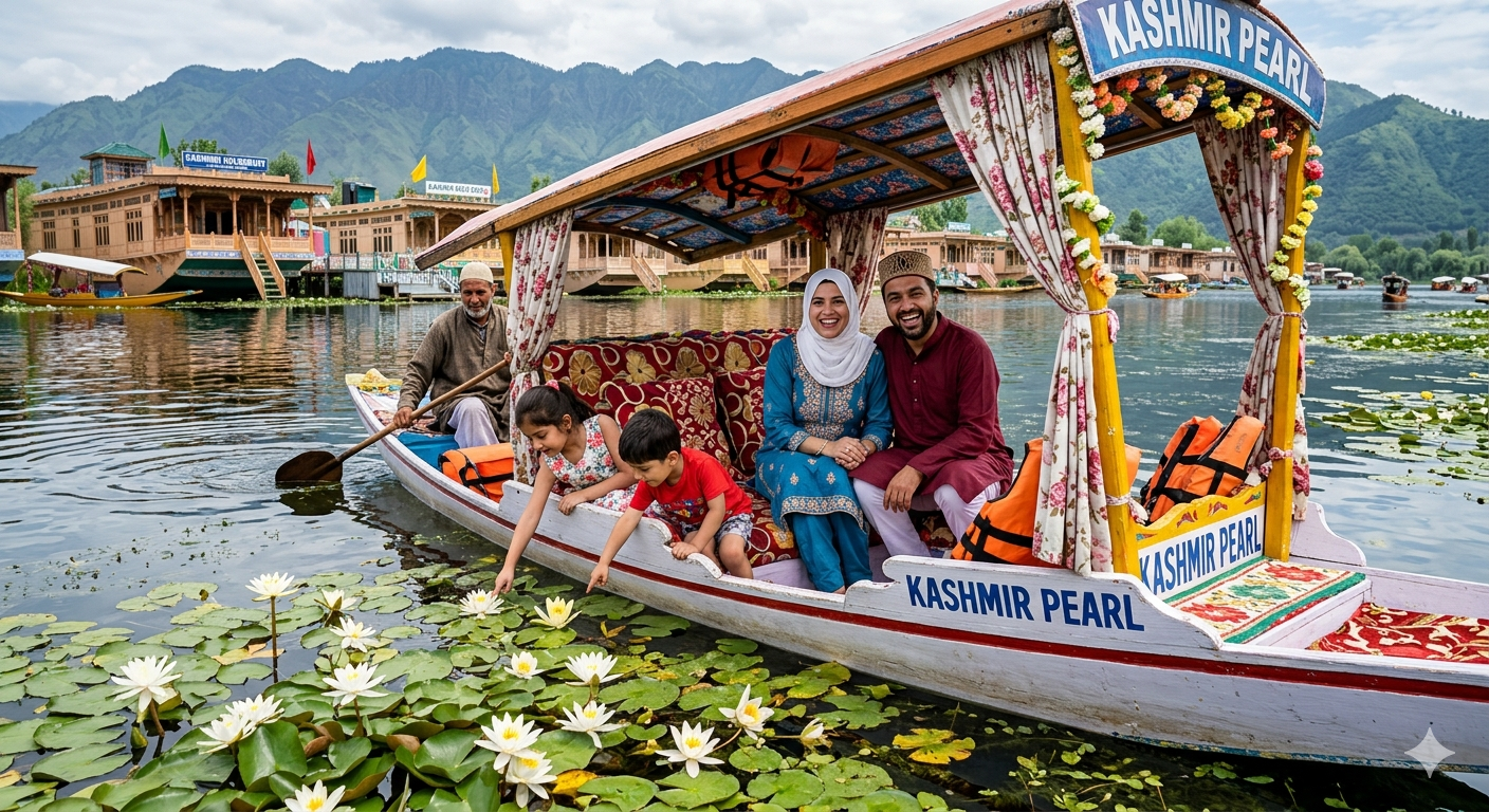 6 nights 7 days kashmir family package - family enjoying shikara ride on Dal Lake with houseboats in background