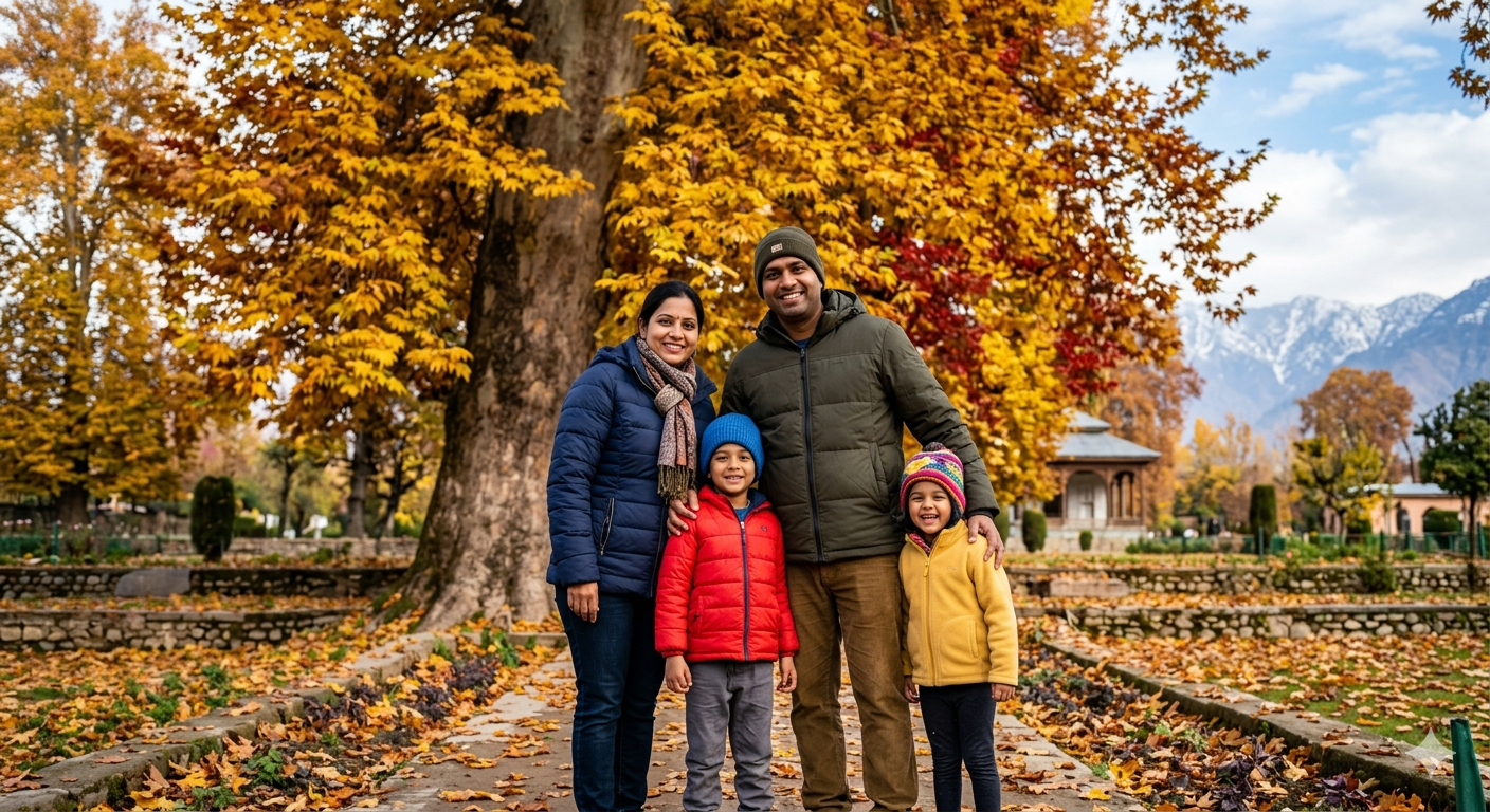6 nights 7 days kashmir family package - family under golden Chinar tree in autumn in Kashmir