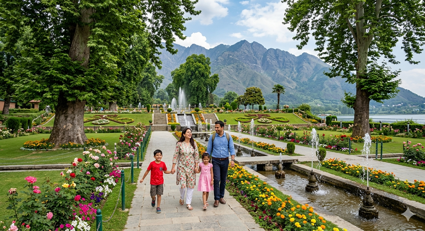 6 nights 7 days kashmir family package - family walking through Nishat Garden with Zabarwan mountains behind