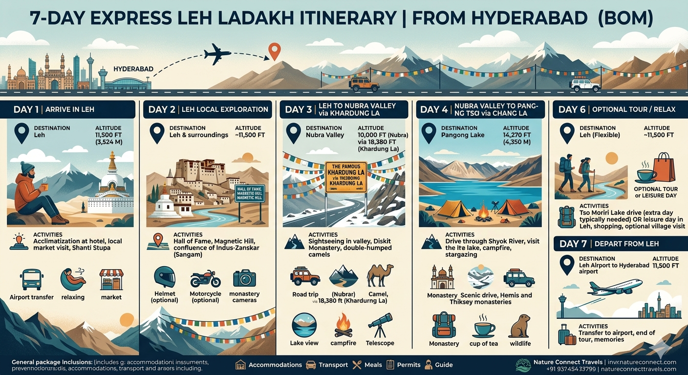 A day-by-day itinerary infographic for the 7-day express Leh Ladakh package from Hyderabad showing destinations, altitudes, and activities.]