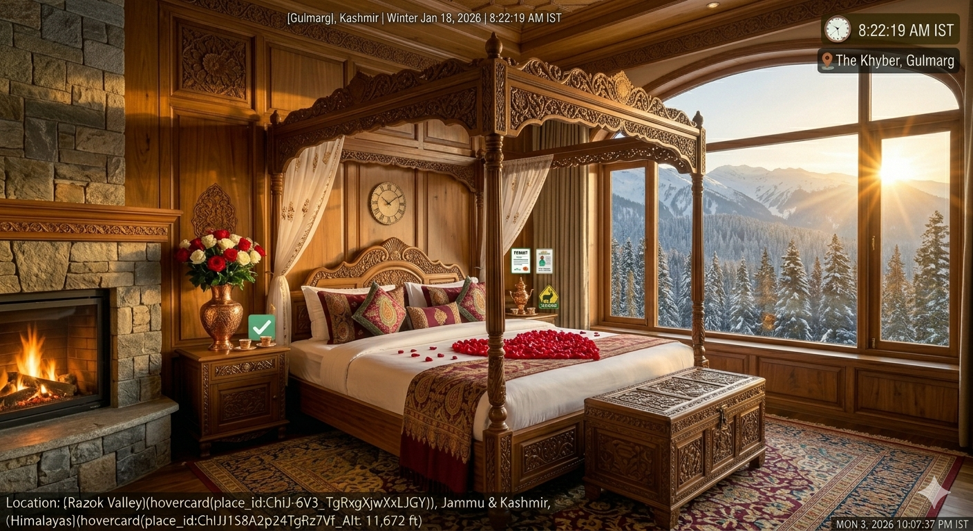 Luxury Honeymoon Package Kashmir with Flight 2026 | 7 Days @ ₹65k 12 A luxury resort room in Gulmarg with a king bed, fireplace, and large window overlooking snow-covered peaks. A vase of fresh roses on the bedside table.