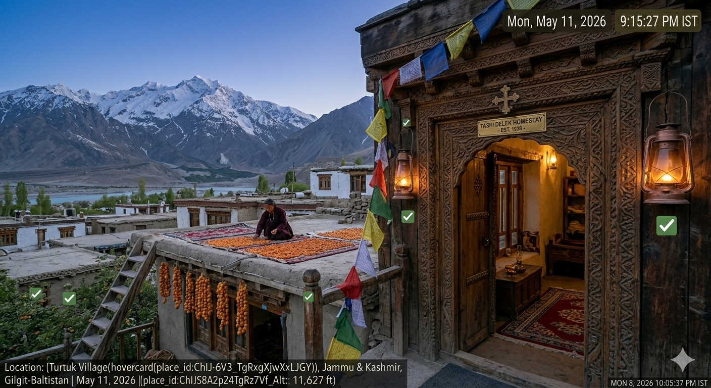 A photograph of a traditional Balti wooden homestay entrance in Turtuk with carved details. A local woman is drying apricots on the roof in the background