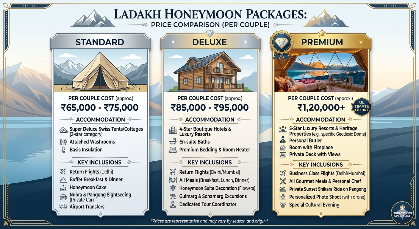 A price comparison infographic showing Standard, Deluxe, and Premium Ladakh honeymoon packages with per couple costs, accommodation categories, and key inclusions.]