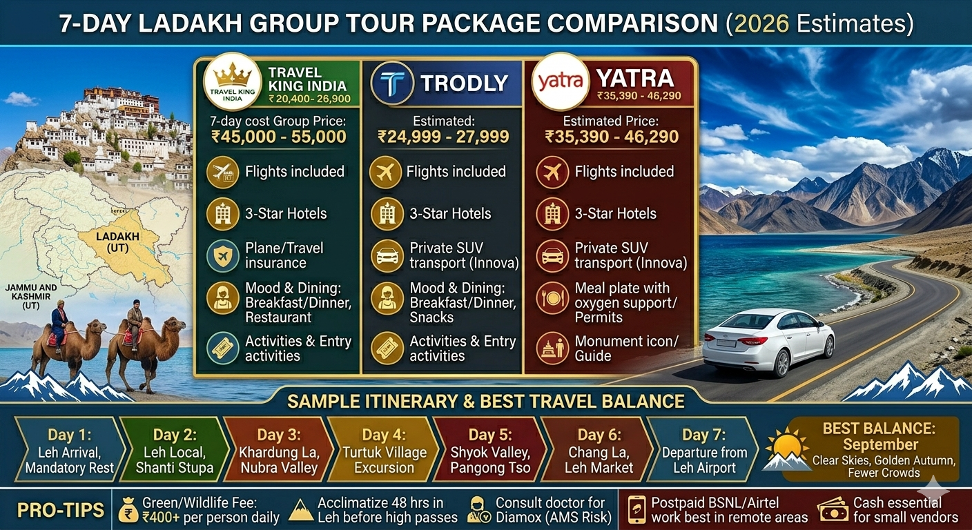 A price comparison infographic showing group tour packages from IRCTC, Travel King India, Trodly, and Yatra with durations and pricing