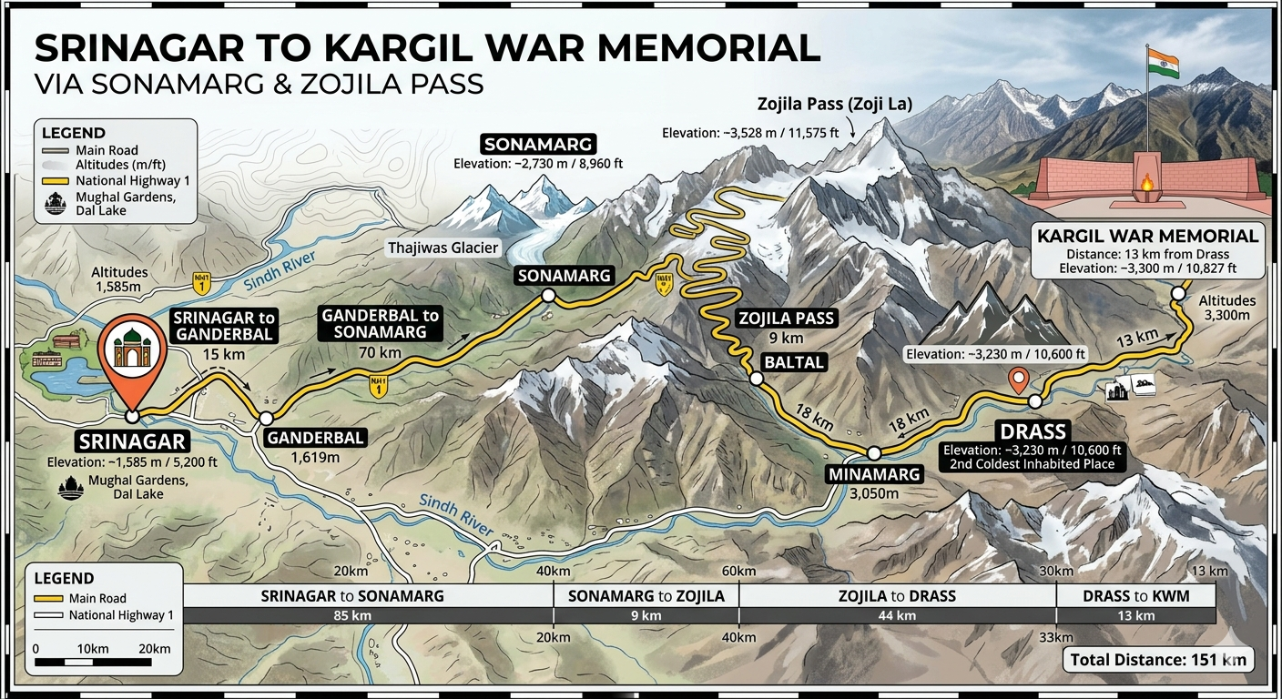 A route map infographic showing the Srinagar to Kargil War Memorial route via Sonamarg and Zojila Pass, with distances and altitudes marked