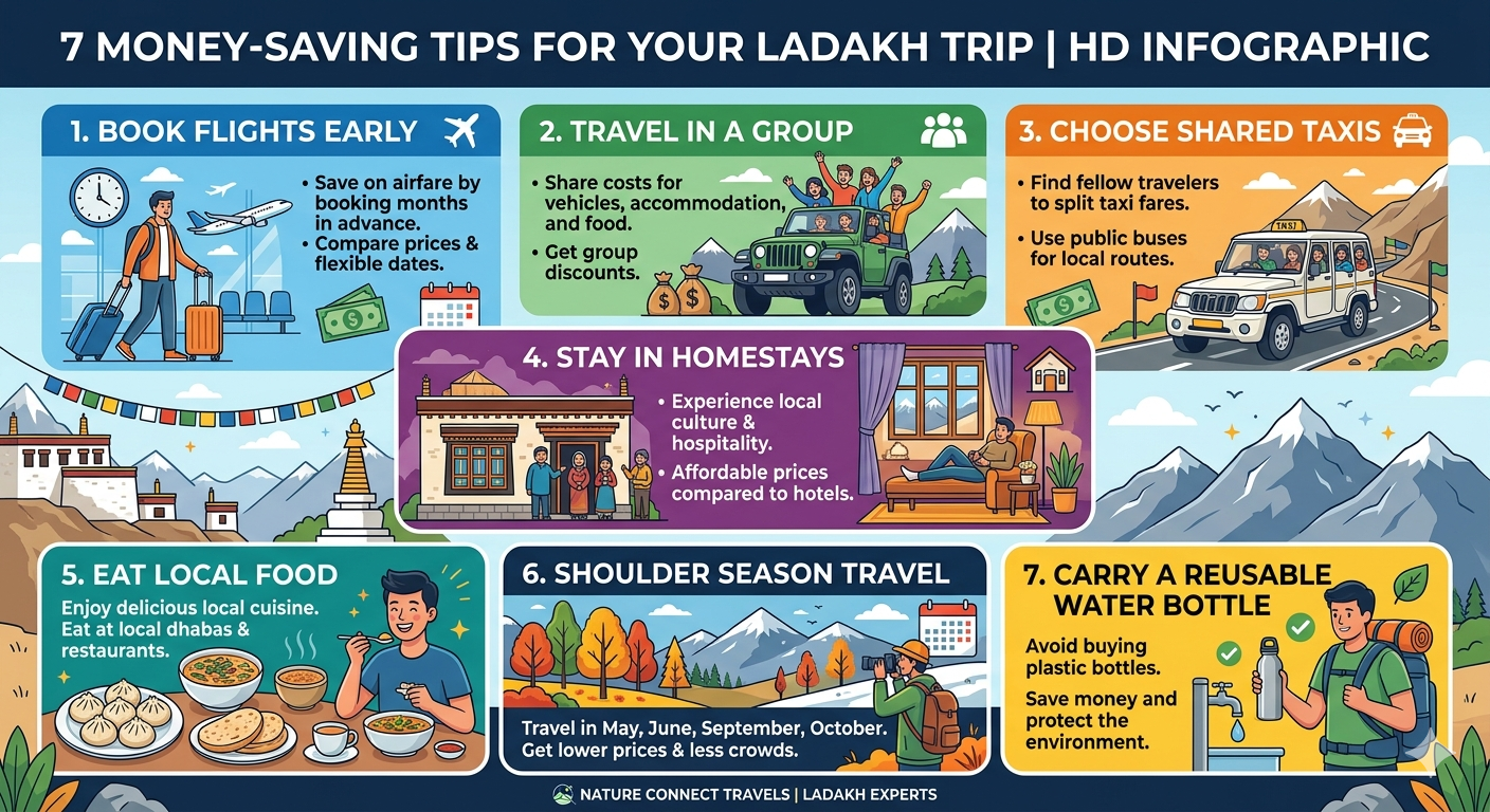  An infographic showing 7 money-saving tips for Ladakh trip - book flights early, travel in group, choose shared taxis, stay in homestays, eat local food, shoulder season travel, carry water bottle.]...create best AI HD image quickly