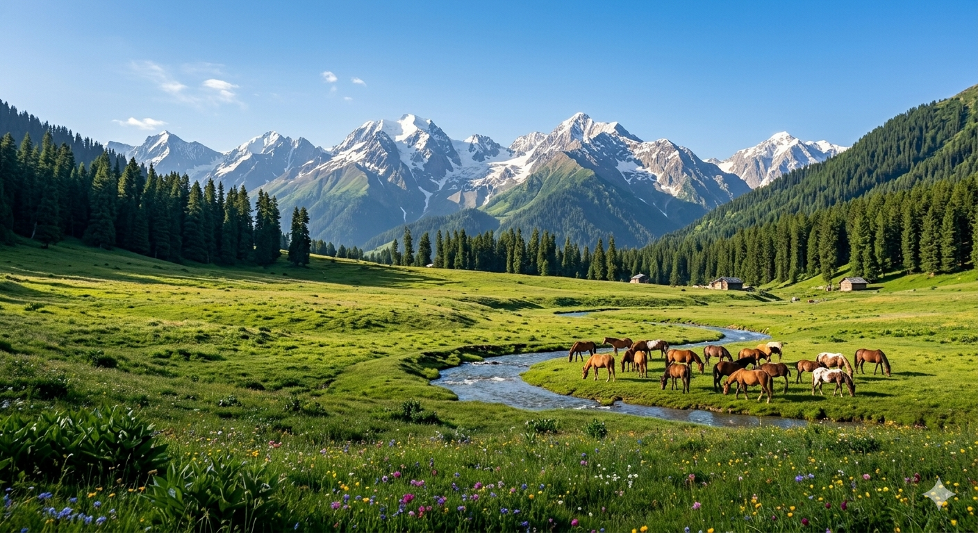 Bangus Valley trek package 2026 - Boud Bangus meadow with wild horses and snow capped Himalayan peaks