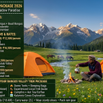 Bangus Valley trek package 2026 - camping in Lokut Bangus meadow with orange dome tents, Kashmiri guide pouring tea, wild horses grazing, snow capped peaks in background, quick getaway 3 days ₹12,500, complete trek 4 days ₹16,500, extended 5 days ₹22,500, ultimate 6 days ₹28,500 per person