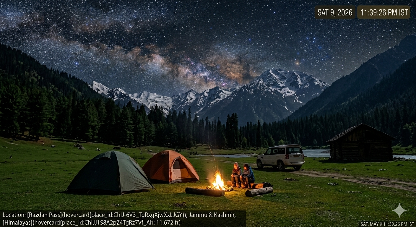 Bangus Valley trek package - camping at Lokut Bangus meadow with dome tents and campfire under starry sky