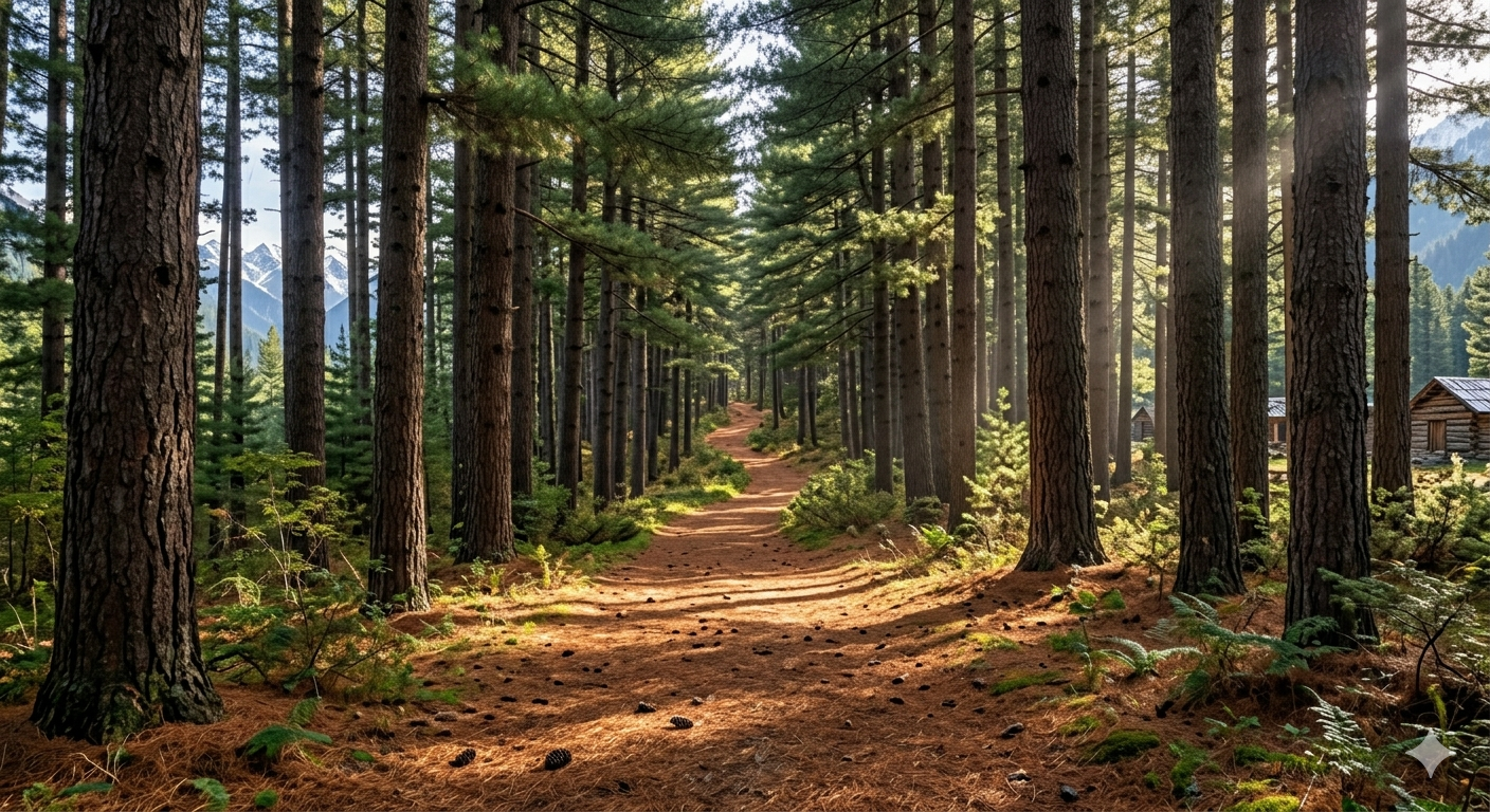 Bangus Valley trek package - forest trail from Lokut Bangus to Boud Bangus with pine trees and sunlight