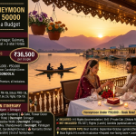 Best Kashmir honeymoon package under 50000 2026 - couple on houseboat with candlelight dinner at Dal Lake sunset, bride in red Kashmiri suit, groom in cream sherwani, heart-shaped cake with sparkler, red roses, fairy lights, budget package ₹36,500 per couple for 5 days, standard package ₹45,000-50,000 for 6 days, cost breakdown accommodation ₹12k-28k, private cab ₹10k-12k, meals ₹6k-10k, shikara ₹800-1,800, gondola optional ₹1,700-2,200, flights ex Delhi ₹10k-15k, 6-day itinerary Srinagar Sonmarg Gulmarg Pahalgam, includes houseboat, shikara, meals, private cab, cake, decor, candlelight dinner