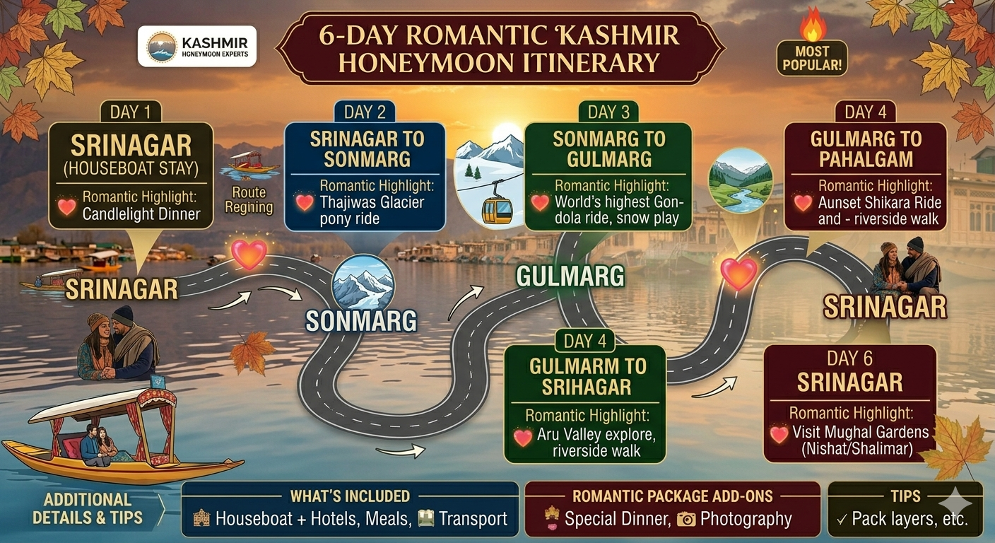 Best Kashmir Honeymoon Package Under 50000 2026 | 6 Days ₹36,500 11 Best Kashmir honeymoon package under 50000 - 6-day route map for couples
