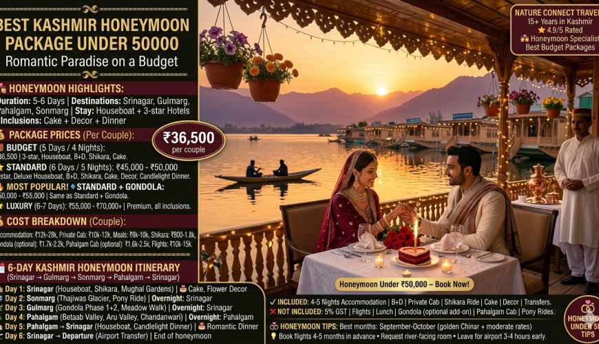 Best Kashmir honeymoon package under 50000 2026 - couple on houseboat with candlelight dinner at Dal Lake sunset, bride in red Kashmiri suit, groom in cream sherwani, heart-shaped cake with sparkler, red roses, fairy lights, budget package ₹36,500 per couple for 5 days, standard package ₹45,000-50,000 for 6 days, cost breakdown accommodation ₹12k-28k, private cab ₹10k-12k, meals ₹6k-10k, shikara ₹800-1,800, gondola optional ₹1,700-2,200, flights ex Delhi ₹10k-15k, 6-day itinerary Srinagar Sonmarg Gulmarg Pahalgam, includes houseboat, shikara, meals, private cab, cake, decor, candlelight dinner