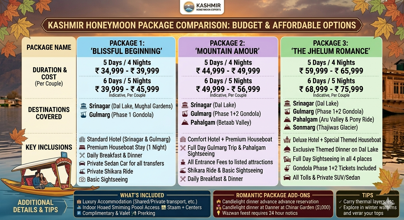 Best Kashmir Honeymoon Package Under 50000 2026 | 6 Days ₹36,500 10 Best Kashmir honeymoon package under 50000 - comparison table of top packages