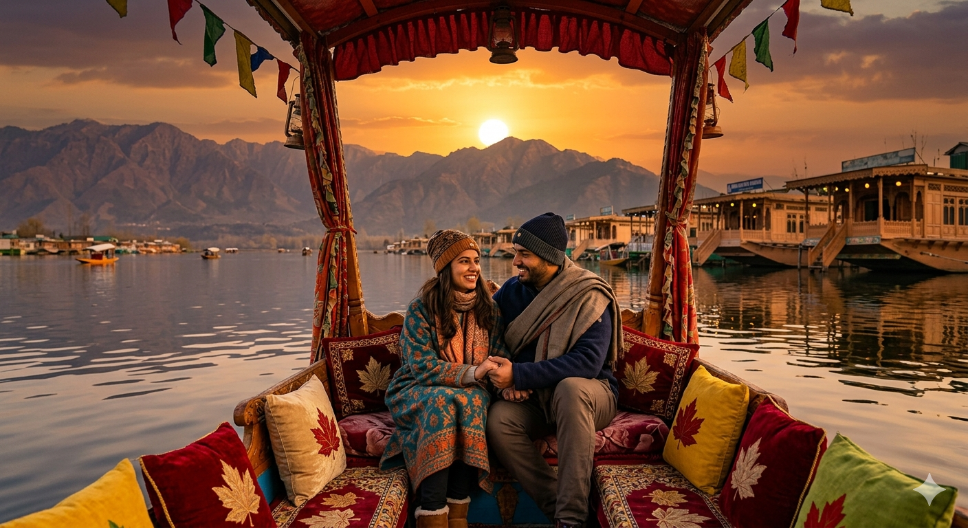 Best Kashmir Honeymoon Package Under 50000 2026 | 6 Days ₹36,500 8 Best Kashmir honeymoon package under 50000 - couple on shikara at Dal Lake sunset
