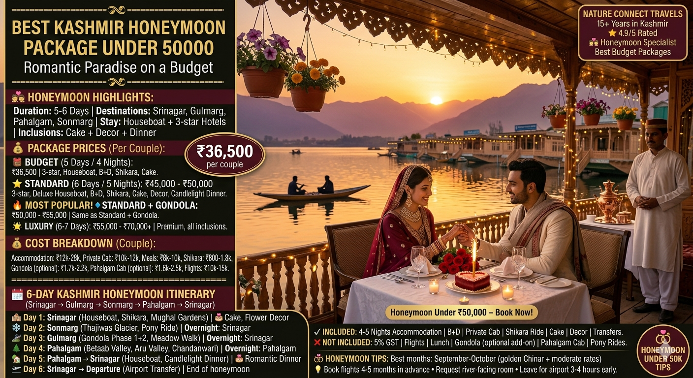 Best Kashmir honeymoon package under 50000 2026 - couple on houseboat with candlelight dinner at Dal Lake sunset, bride in red Kashmiri suit, groom in cream sherwani, heart-shaped cake with sparkler, red roses, fairy lights, budget package ₹36,500 per couple for 5 days, standard package ₹45,000-50,000 for 6 days, cost breakdown accommodation ₹12k-28k, private cab ₹10k-12k, meals ₹6k-10k, shikara ₹800-1,800, gondola optional ₹1,700-2,200, flights ex Delhi ₹10k-15k, 6-day itinerary Srinagar Sonmarg Gulmarg Pahalgam, includes houseboat, shikara, meals, private cab, cake, decor, candlelight dinner