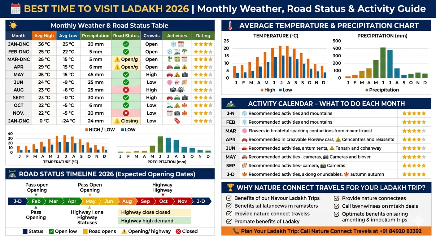 Best time to visit Ladakh 2026 monthly chart - June-August warmer 15-25°C, September best photography, May best value, road opening Srinagar-Leh April, Manali-Leh mid-May, temperatures and precipitation by month, activity calendar