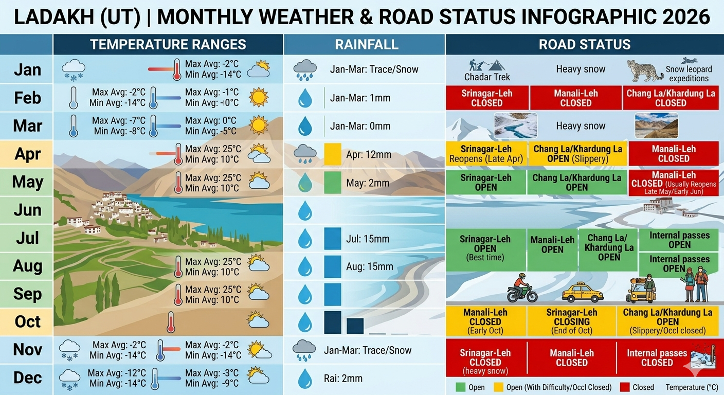 Best time to visit Ladakh 2026 - monthly weather chart with temperatures and road status
