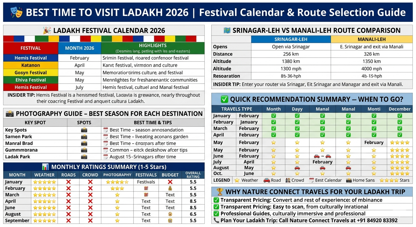 Best time to visit Ladakh 2026 - Ladakh festival calendar Hemis Festival JuneJuly, Srinagar-Leh vs Manali-Leh route comparison, photography guide by destination, quick recommendations by traveler type, monthly ratings summary chart