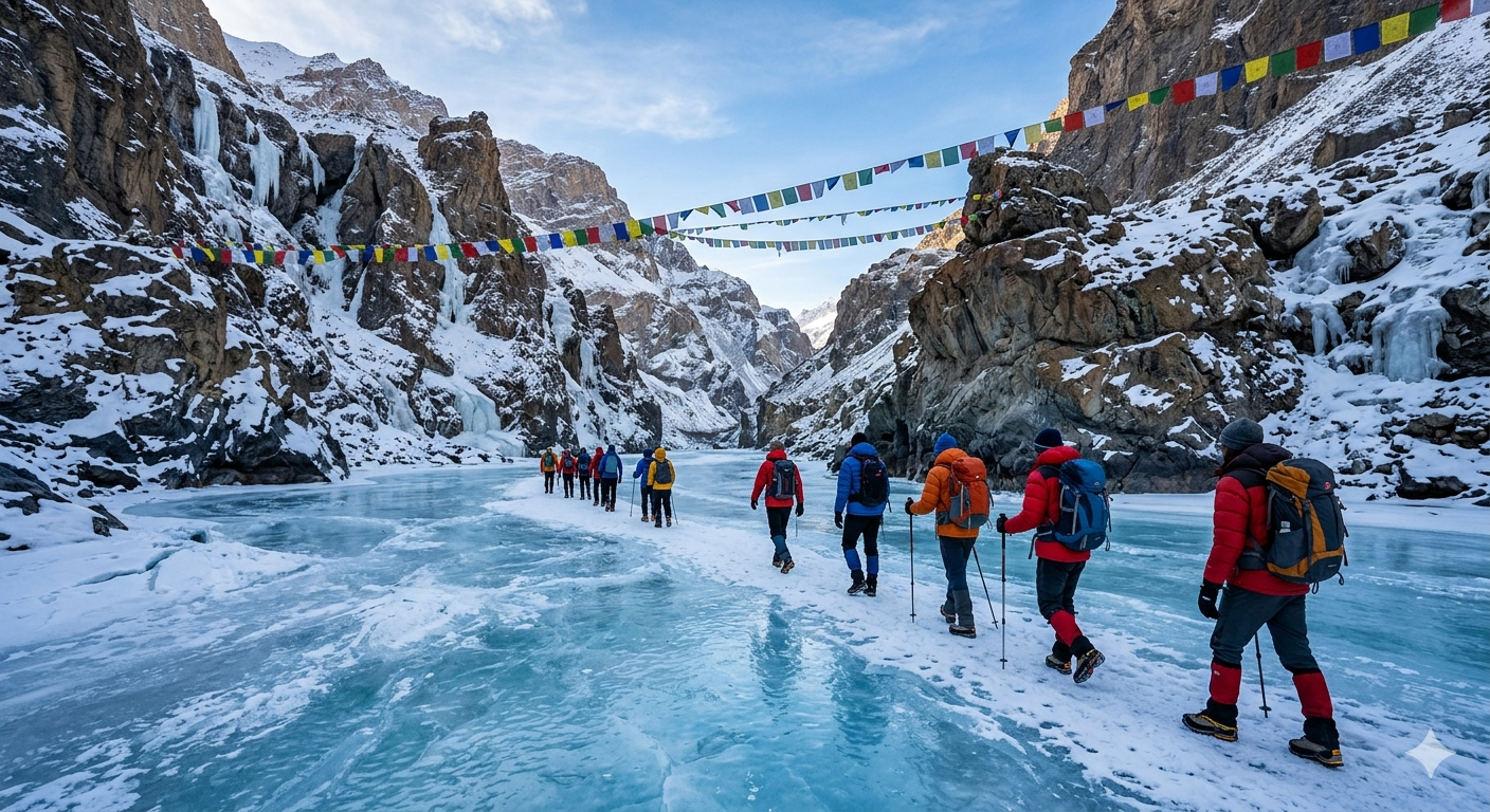  Zanskar Valley Chadar trek package - trekkers walking on frozen Zanskar River with ice cliffs