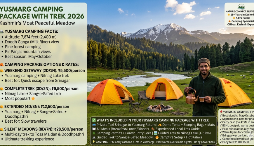 Image Concept: Dome Tents by Doodh Ganga River with Pine Forest Backdrop Visual Description: A breathtaking, wide angle photograph taken in Yusmarg meadow during late afternoon golden hour (around 5:00 PM to 5:30 PM) in September – the best month for camping. The sky is a brilliant gradient from soft golden near the horizon to deep blue above, with a few scattered white clouds. The light is warm and inviting. In the foreground, three dome tents are set up on lush green grass. The tents are bright orange and yellow, standing out beautifully against the green meadow. A small campfire pit with a ring of stones is visible between the tents. A camping chair sits next to the campfire, inviting the viewer to sit and stay a while. A young Kashmiri camp guide in his late 20s is standing near the tents, wearing a warm fleece jacket (dark green) and a traditional Kashmiri woolen cap. He is holding a copper kettle (samovar) of kahwa (traditional Kashmiri green tea) in one hand and a small cup in the other, offering warm tea to guests. He has a friendly, welcoming smile. Behind the tents, the Doodh Ganga river flows gently through the meadow. The water is milky white from glacial sediment, living up to its name which means "Milk River." The river is about 10 to 15 feet wide at this point, with small ripples and gentle sounds. Beyond the river, a dense pine forest covers the lower slopes of the mountains. The trees are tall and dark green, with sunlight filtering through the branches. Above the forest, the snow-capped peaks of the Pir Panjal range rise against the sky. The highest peak visible has a dusting of fresh snow. The overall mood is peaceful, welcoming, warm, and adventurous – targeting campers and trekkers seeking a yusmarg camping package with trek that offers relaxation, nature, and authentic Kashmiri hospitality. Overlay Infographic Elements (Superimposed on Image) A clean, semi-transparent overlay panel on the left side and bottom contains the following Yusmarg camping package information. Left Panel (Vertical - Semi-transparent dark overlay with forest green and saffron accents, matching the pine forest and meadow colors): text ━━━━━━━━━━━━━━━━━━━━━━━━━━━━━━━━━━━━━━━━━━━━━━━ YUSMARG CAMPING PACKAGE WITH TREK 2026 Kashmir's Most Peaceful Meadow ━━━━━━━━━━━━━━━━━━━━━━━━━━━━━━━━━━━━━━━━━━━━━━━ 🏔️ YUSMARG CAMPING FACTS: • Altitude: 7,874 feet (2,400 m) • Doodh Ganga (Milk River) view • Pine forest camping • Pir Panjal mountain views • Best season: May-October ⛺ CAMPING PACKAGE OPTIONS & RATES: 🏕️ WEEKEND GETAWAY (2D/1N): ₹5,500/person • Yusmarg camping + Nilnag Lake trek • Best for: Quick escape from Srinagar 🏕️ COMPLETE TREK (3D/2N): ₹9,500/person • Nilnag Lake + Sang-e-Safed trek • Most popular! ⭐ 🏕️ EXTENDED (4D/3N): ₹12,500/person • Yusmarg + Nilnag + Sang-e-Safed + Doodhpathri • Best for: Slow travelers 🏕️ SILENT MEADOWS (8D/7N): ₹28,500/person • Multi-day trek to Tosa Maidan & Doodhpathri • Ultimate trekking experience Bottom Panel (Horizontal - Semi-transparent dark overlay with forest green and saffron accent lines): text ━━━━━━━━━━━━━━━━━━━━━━━━━━━━━━━━━━━━━━━━━━━━━━━━━━━━━━━━━━━━━━━━━━━━━━━━━━━━━━━━━━━━━━━━━━━━━━━━━━━━━━ ✓ WHAT'S INCLUDED IN YOUR YUSMARG CAMPING PACKAGE WITH TREK ━━━━━━━━━━━━━━━━━━━━━━━━━━━━━━━━━━━━━━━━━━━━━━━━━━━━━━━━━━━━━━━━━━━━━━━━━━━━━━━━━━━━━━━━━━━━━━━━━━━━━━ 🚙 Private Taxi Srinagar to Yusmarg Return | ⛺ Dome Tents + Sleeping Bags + Mats 🍳 All Meals (Breakfast/Lunch/Dinner) | 🥾 Experienced Local Trek Guide 🌲 Camping Permits + Forest Entry Fees | 🏞️ Guided Trek to Nilnag Lake (4-5 km) 🏔️ Guided Trek to Sang-e-Safed Meadow | 🔥 Campfire Setup + Hot Kahwa ━━━━━━━━━━━━━━━━━━━━━━━━━━━━━━━━━━━━━━━━━━━━━━━━━━━━━━━━━━━━━━━━━━━━━━━━━━━━━━━━━━━━━━━━━━━━━━━━━━━━━━ 💡 CAMPING TIPS: Carry cash (no ATMs in Yusmarg) • Pack warm layers (cold nights) • Bring power bank ━━━━━━━━━━━━━━━━━━━━━━━━━━━━━━━━━━━━━━━━━━━━━━━━━━━━━━━━━━━━━━━━━━━━━━━━━━━━━━━━━━━━━━━━━━━━━━━━━━━━━━ Top Right Corner - Brand Badge: A small, elegant badge with brand identity: text ┌─────────────────────────┐ │ NATURE CONNECT TRAVELS │ │ 15+ Years in Kashmir │ │ ⭐ 4.9/5 Rated │ │ ⛺ Camping Specialist │ │ Offbeat Kashmir Expert │ └─────────────────────────┘ Bottom Right Corner - Quick Camping Tips Badge: text ┌─────────────────────────────────┐ │ 📌 YUSMARG CAMPING TIPS │ ├─────────────────────────────────┤ │ ✓ Best Months: May-October │ │ ✓ September is best for photos │ │ ✓ Carry cash (no ATMs in area) │ │ ✓ BSNL postpaid works best │ │ ✓ Pack raincoat for July-Aug │ │ ✓ Warm layers for cold nights │ │ ✓ Bring power bank (no elec) │ │ ✓ Campfire allowed (ask guide) │ │ ✓ Pony hire: ₹800-1500 │ └─────────────────────────────────┘ Image Specifications Table Element Details Image Type Hero Feature Image with Integrated Infographic Overlay Style Peaceful, welcoming, warm, aspirational camping photography with clean infographic elements Color Palette Golden sunset light, lush green grass, bright orange/yellow tents, milky white river, dark green pine forest, snow-capped peaks, forest green and saffron accent lines Font Style Clean, bold sans-serif for headings (Montserrat Bold), easy-to-read sans-serif for body text (Open Sans) Overlay Opacity 85% opaque dark panels with white text and forest green/saffron accent lines Accent Colors Saffron (Kashmiri identity) and Forest Green (pine forest/meadow) Tent Placement Foreground, center-left and center-right, bright colors to stand out Camp Guide Placement Standing between tents, holding copper samovar with kahwa, offering tea Campfire Setup Between tents, stone ring, visible but not dominating Doodh Ganga River Middle ground, flowing behind tents, milky white color visible Background Pine forest slopes, snow-capped Pir Panjal peaks, golden sunset sky Image Description for Creator/Photographer Scene: A high quality, professionally shot photograph taken in Yusmarg main meadow during golden hour (late afternoon, around 5:00 PM to 5:30 PM) in September. The meadow should be lush and green. The light should be warm and soft, casting long shadows. Camp Guide (Man): Kashmiri male, 25 to 35 years old, experienced and friendly appearance. Wearing: warm fleece jacket (dark green or maroon), traditional Kashmiri woolen cap (karakul or namda style), comfortable trekking pants. Standing between the tents, holding a copper samovar (traditional Kashmiri tea pot) in one hand and a small cup in the other, offering kahwa. Warm, welcoming smile. His body language says "welcome, come sit." Tents: Three dome tents in bright colors (orange and yellow) set up in the foreground. The tents should look well pitched, with the outer flysheets properly secured. One tent slightly open to show the interior. The tents should look inviting and comfortable. Campfire Area: A small fire pit with a ring of stones sits between the tents. A camping chair is placed nearby, inviting the viewer to sit. Some smoke or steam visible but not overwhelming. Doodh Ganga River: Flowing behind the tents, about 10 to 15 feet wide. The water should look milky white (from glacial sediment). Small ripples and gentle movement visible. The river adds a sense of peace and natural beauty. Background: Pine forest on the lower slopes, dark green and dense. Above the forest, snow-capped peaks of the Pir Panjal range. The highest peak visible has fresh snow. The sky is a gradient from golden near the horizon to soft blue above. Camera Angle: Eye level or slightly low angle shot from approximately 30 to 40 feet away, capturing the tents, the guide, the river, and the mountains. The compositon should feel immersive – like the viewer is arriving at the campsite. Lighting: Golden hour light, warm and soft. The tents should glow in the light. The river should have gentle highlights. The snow peaks should catch the golden light. Styling Notes for Authenticity Element Design Touch Camp Guide appearance Friendly, welcoming smile, traditional Kashmiri cap, warm clothing, holding samovar Tents Bright orange/yellow for visibility, well pitched, slightly open to show interior Campfire Stone ring, chair nearby, inviting "sit here" feeling Samovar Traditional Kashmiri copper tea pot, cultural authenticity River Milky white color, natural and authentic Pine forest Dense, dark green, frames the background nicely Snow peaks Visible but not dominating, establishes location No crowds Empty meadow, peaceful feel Alt Text for Image text Yusmarg camping package with trek 2026 - orange and yellow dome tents on green meadow by Doodh Ganga milk river with pine forest and snow-capped Pir Panjal peaks in background, Kashmiri camp guide offering kahwa from copper samovar, weekend getaway 2 days ₹5,500, complete trek 3 days ₹9,500, extended 4 days ₹12,500, silent meadows 8 days ₹28,500 per person File Naming Suggestion text yusmarg-camping-package-with-trek-2026-dome-tents-doodh-ganga-river-guide.jpg Purpose and Placement Element Purpose Yusmarg meadow background Instantly establishes beautiful, peaceful camping destination Bright dome tents Shows camping accommodation quality and comfort Kashmiri guide with samovar Builds trust, shows warm local hospitality and authentic Kashmiri culture Campfire with chair Inviting, shows evening comfort and social experience Doodh Ganga river Unique selling point (milky white river), adds natural beauty Pine forest and snow peaks Establishes Himalayan location, adds drama and beauty Golden hour light Creates aspirational, emotional appeal Camping facts panel Educates about altitude, features, best season Package options panel Shows 2, 3, 4, and 8 day options with per person pricing Included features panel Shows value — private taxi, tents, meals, guide, treks, permits, campfire Camping tips badge Provides actionable advice (carry cash, pack warm, BSNL works, pony hire costs) Brand badge Reinforces authority (15+ years, 4.9 rating, camping specialist) Usage Recommendations Place at top of blog post immediately after H1 for maximum impact Pin as featured image for social media (Instagram, Facebook, Pinterest) Use in Google Business Profile as visual for camping category Include in email newsletters to adventure and camping subscribers Add to WhatsApp Business profile for client engagement Use as og:image for social sharing meta tags Set as featured image in WordPress for automatic search engine snippet enhancement