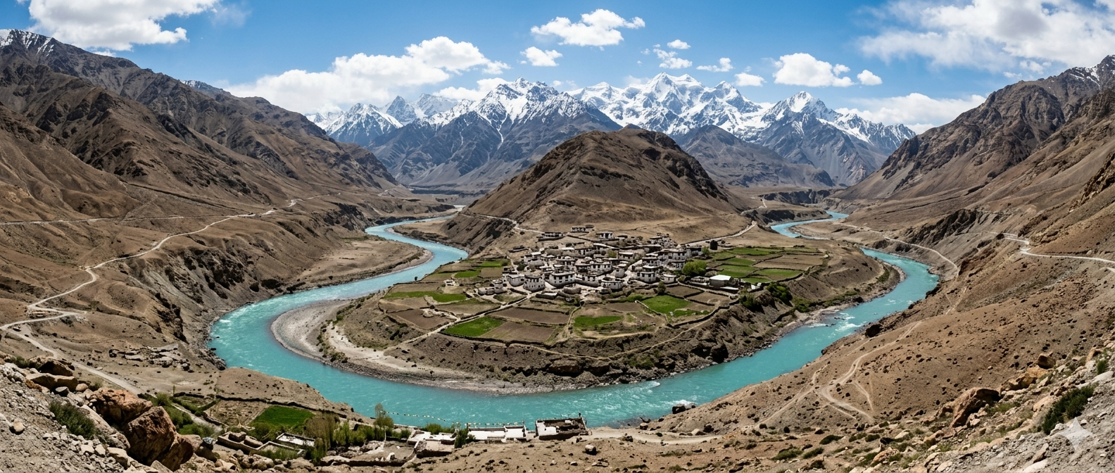 Zanskar Valley trek package - sweeping view of Zanskar River winding through barren mountains with snow-capped peaks