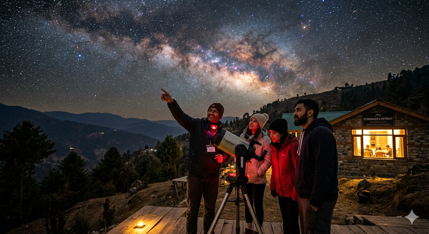 Hanle dark sky reserve package - local Astronomy Ambassador guiding stargazers with telescope under Milky Way