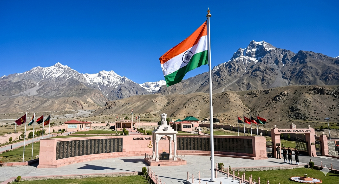 Kargil War Memorial tour from Srinagar Drass War Memorial with Indian flag and Tololing peaks in background