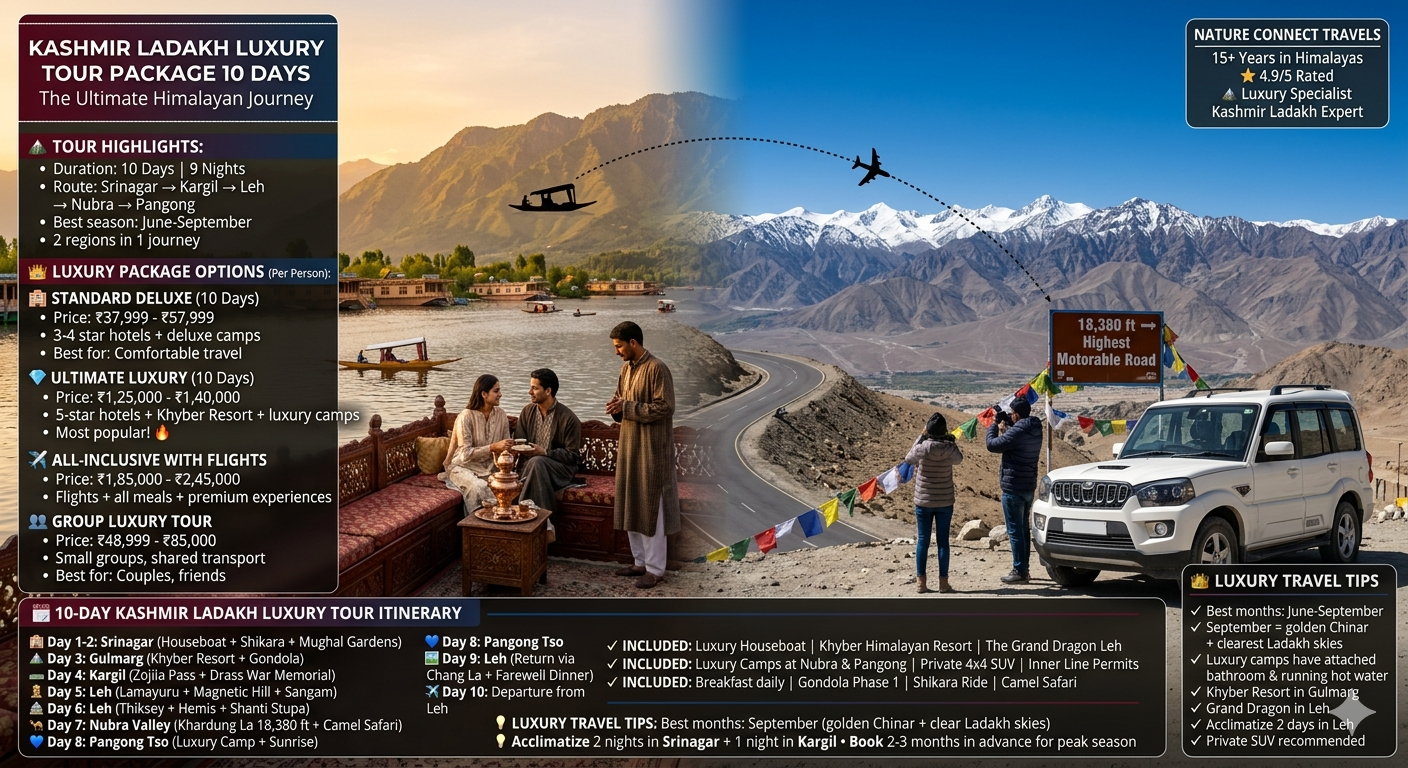 Kashmir Ladakh luxury tour package 10 days 2026 - split frame showing Kashmir luxury houseboat on Nigeen Lake with couple and houseboy transitioning to Ladakh with 4x4 SUV at Khardung La 18380 feet, prayer flags, standard deluxe package ₹37,999-57,999 per person, ultimate luxury ₹1,25,000-1,40,000, all-inclusive with flights ₹1,85,000-2,45,000, group luxury ₹48,999-85,000, includes Khyber Resort Gulmarg, Grand Dragon Leh, luxury camps at Nubra and Pangong