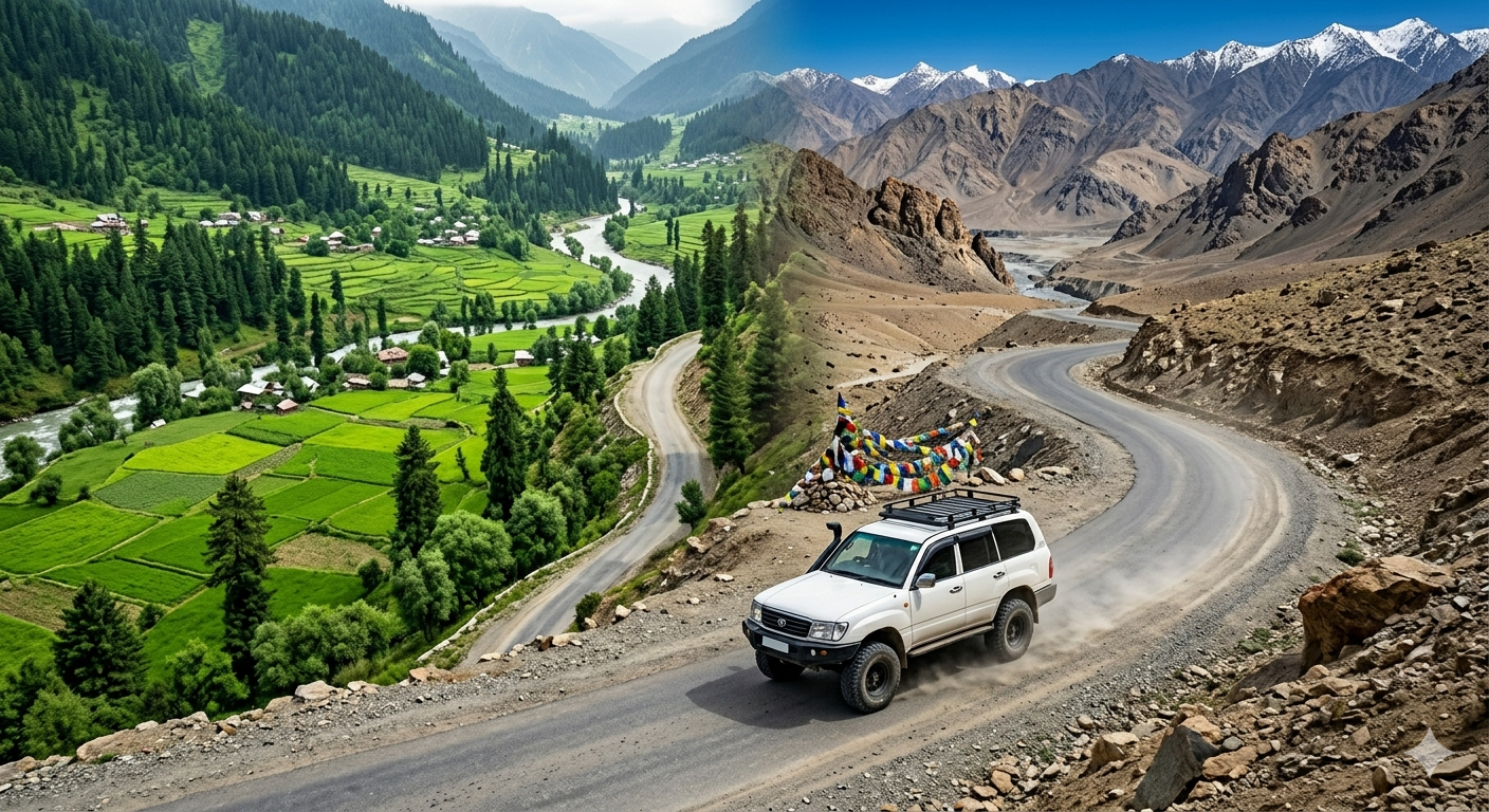 Kashmir Ladakh Luxury Tour Package 10 Days 2026 | ₹1,25,000 7 Kashmir Ladakh luxury tour package 10 days - SUV driving from green Kashmir to barren Ladakh