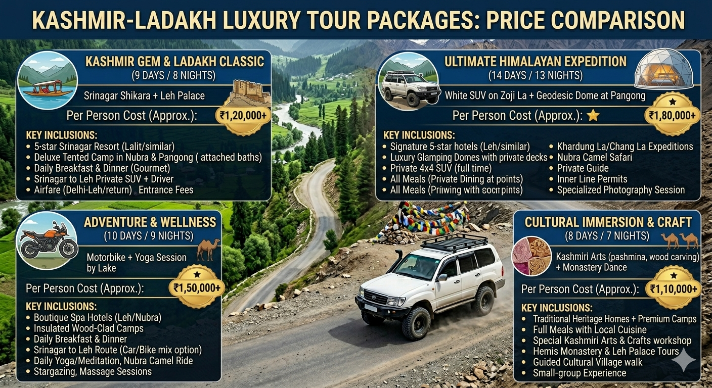 Kashmir Ladakh Luxury Tour Package 10 Days 2026 | ₹1,25,000 9 Kashmir Ladakh luxury tour package 10 days - price comparison chart for different package types