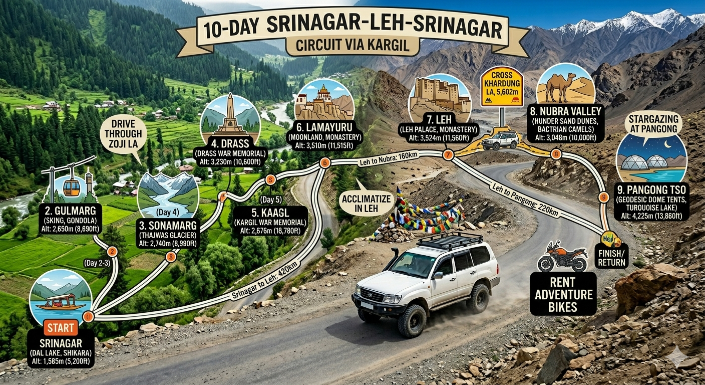 Kashmir Ladakh Luxury Tour Package 10 Days 2026 | ₹1,25,000 8 Kashmir Ladakh luxury tour package 10 days - route map from Srinagar to Leh via Kargil with altitudes and distances