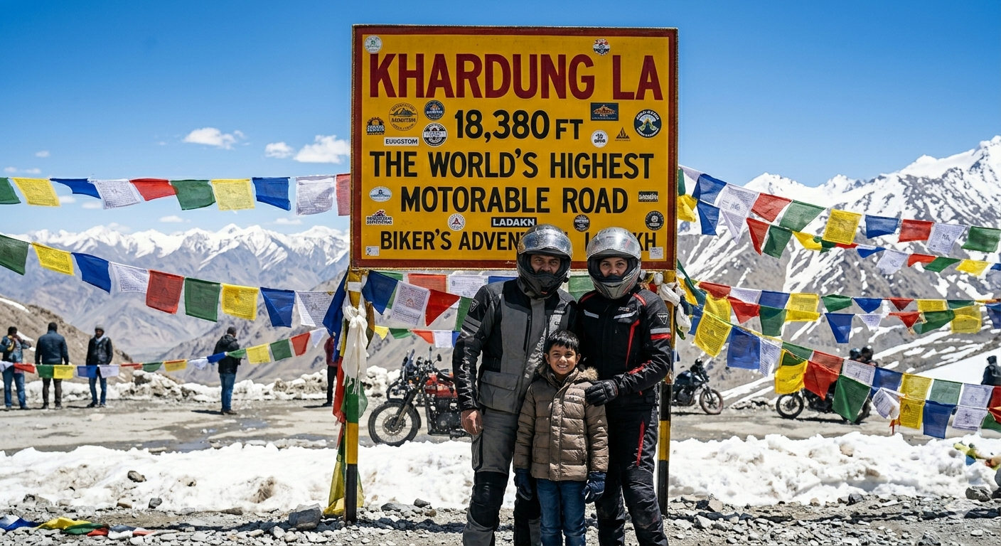 Kashmir Ladakh Luxury Tour Package 10 Days 2026 | ₹1,25,000 10 Kashmir Ladakh luxury tour package 10 days - travelers at Khardung La highest motorable road with prayer flags