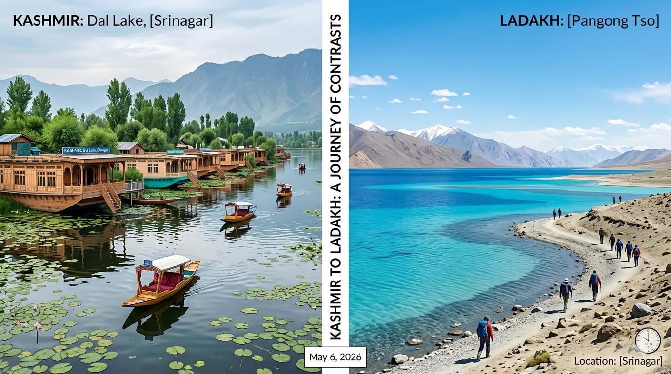 Kashmir Ladakh tour package 2026 - from Dal Lake houseboat to Pangong Lake journey