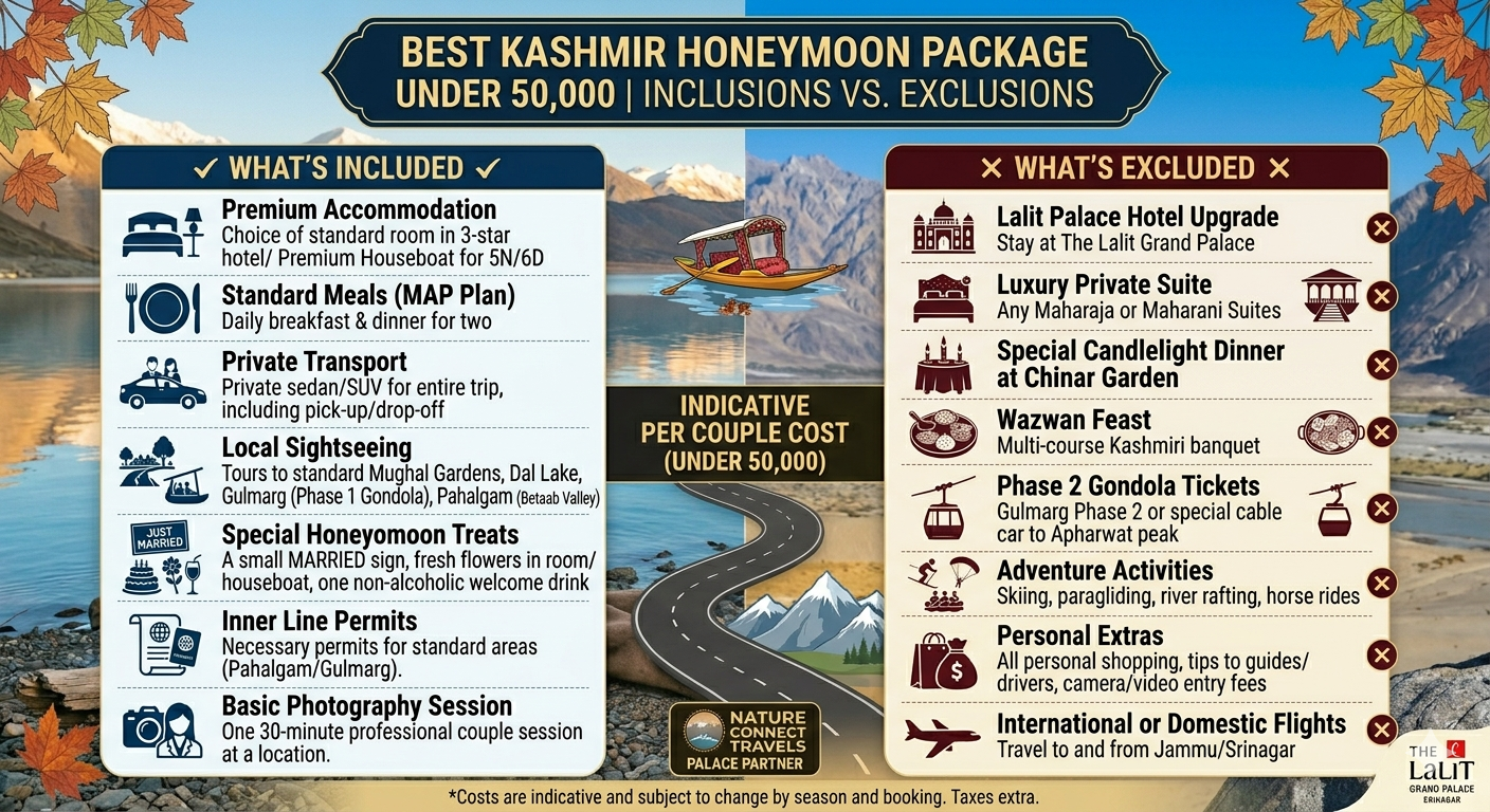 Best Kashmir Honeymoon Package Under 50000 2026 | 6 Days ₹36,500 12 Kashmir honeymoon package under 50000 - inclusions vs exclusions infographic