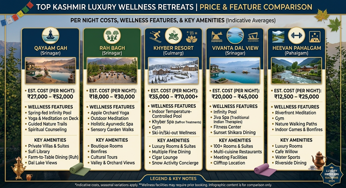 Kashmir luxury wellness retreat 2026 - price comparison chart with top properties and per night costs